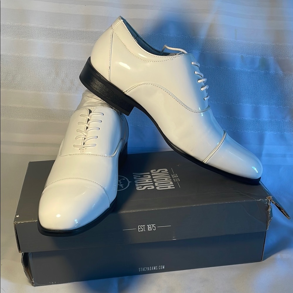 Stacy Adams Men's Gala Shiny White Patent Cap Toe Oxford Dress Shoes Size 9W